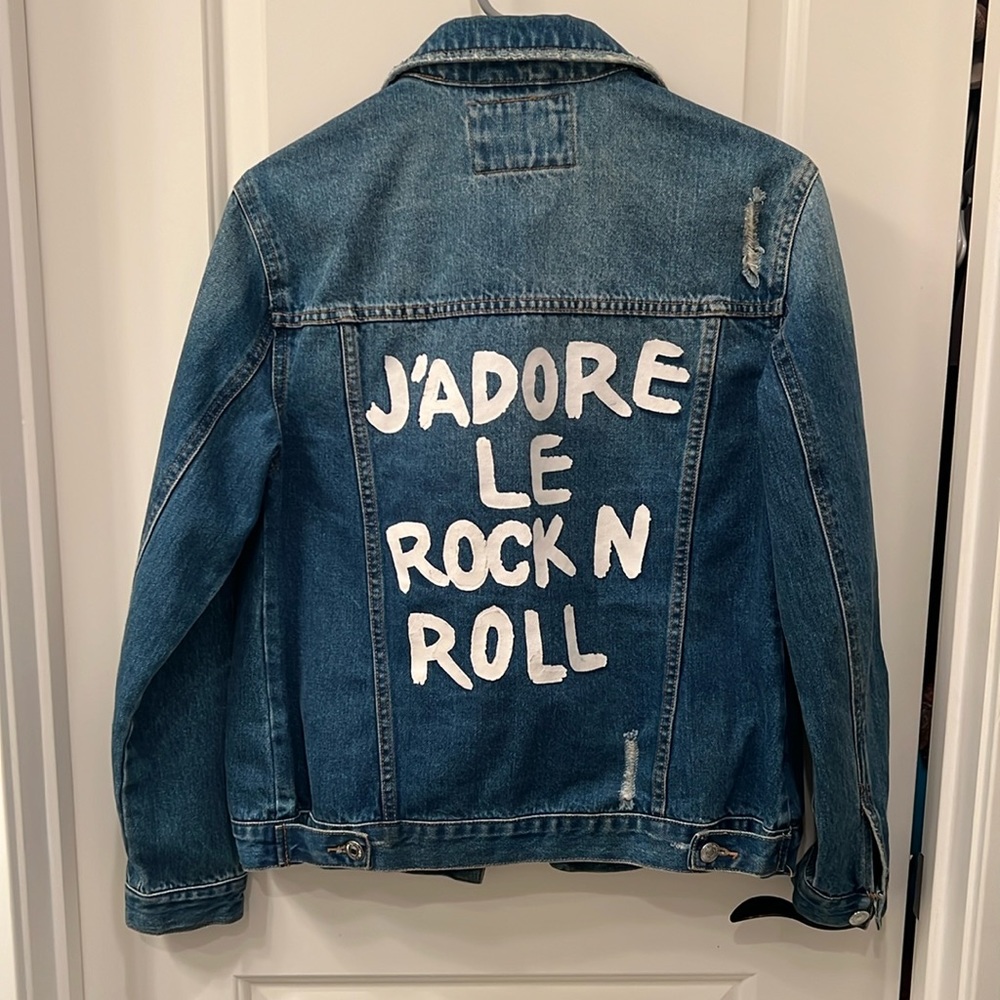 Blue denim jacket, “j’adore le rock n roll”